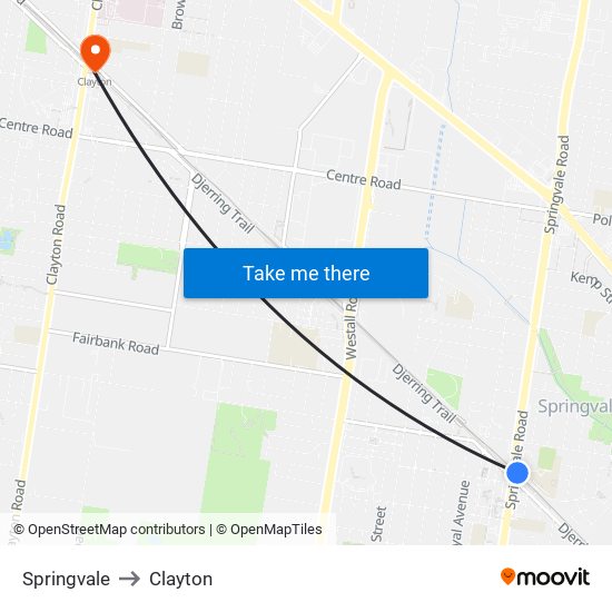 Springvale to Clayton map