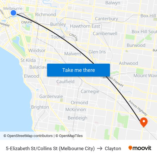 5-Elizabeth St/Collins St (Melbourne City) to Clayton map