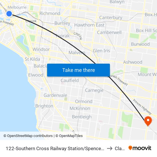 122-Southern Cross Railway Station/Spencer St (Melbourne City) to Clayton map