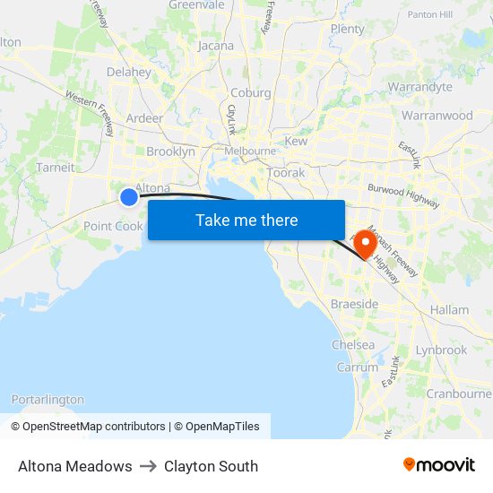 Altona Meadows to Clayton South map