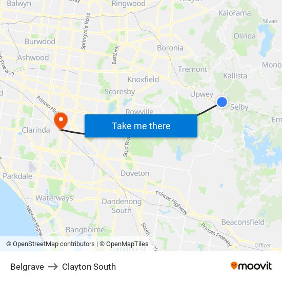 Belgrave to Clayton South map