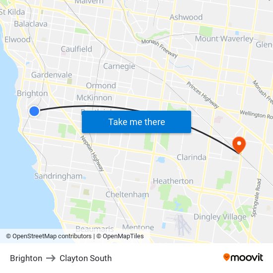 Brighton to Clayton South map