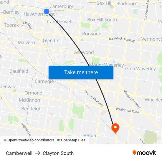Camberwell to Clayton South map