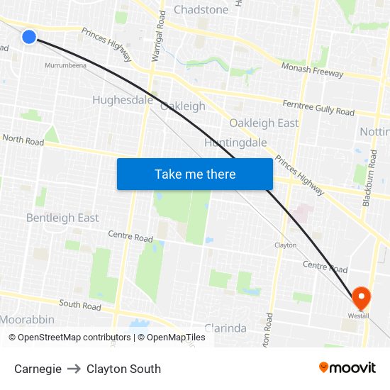 Carnegie to Clayton South map