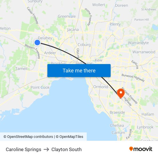 Caroline Springs to Clayton South map