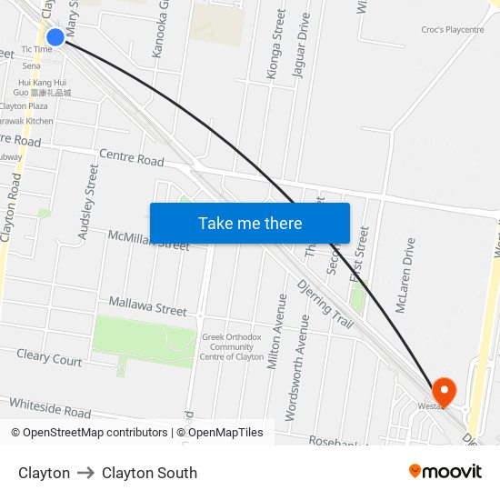 Clayton to Clayton South map