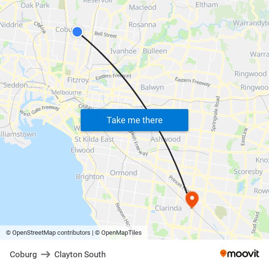 Coburg to Clayton South map