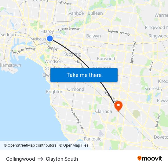 Collingwood to Clayton South map