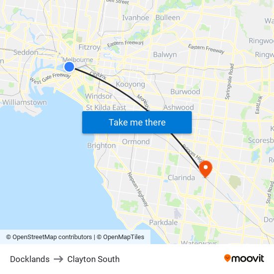 Docklands to Clayton South map