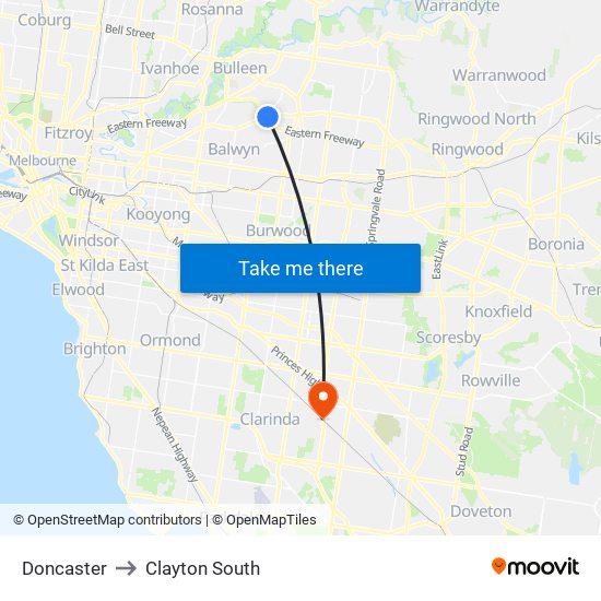 Doncaster to Clayton South map