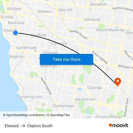 Elwood to Clayton South map