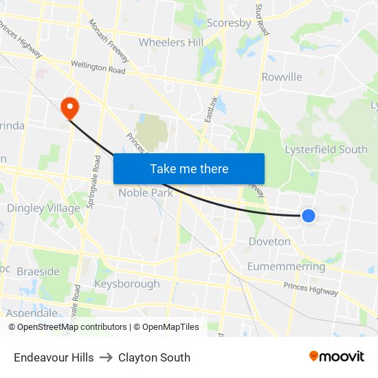 Endeavour Hills to Clayton South map