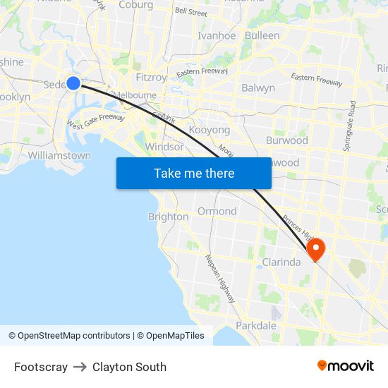 Footscray to Clayton South map