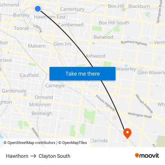 Hawthorn to Clayton South map