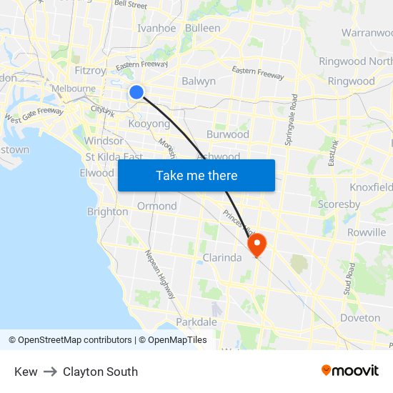 Kew to Clayton South map