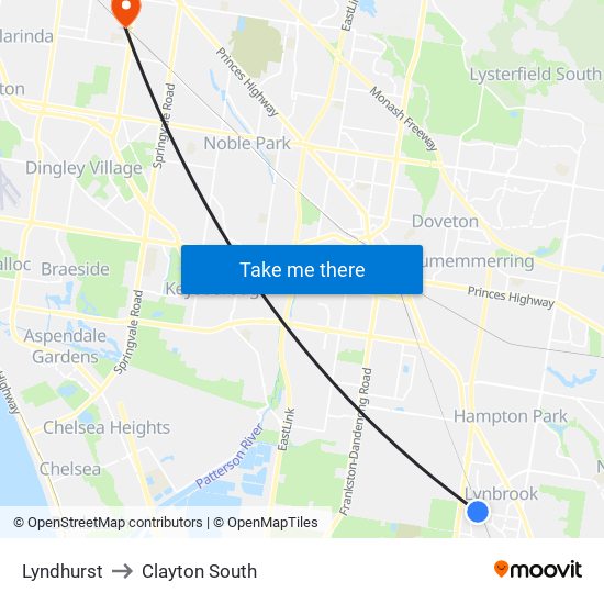 Lyndhurst to Clayton South map