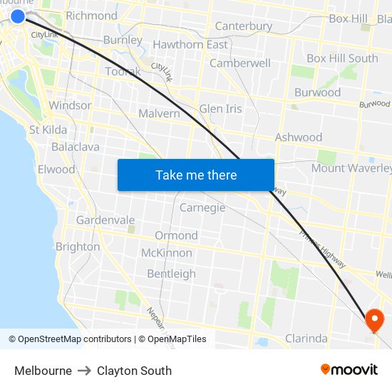 Melbourne to Clayton South map