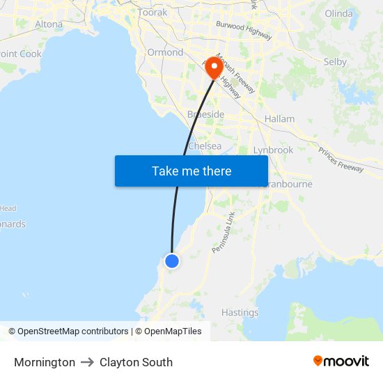 Mornington to Clayton South map