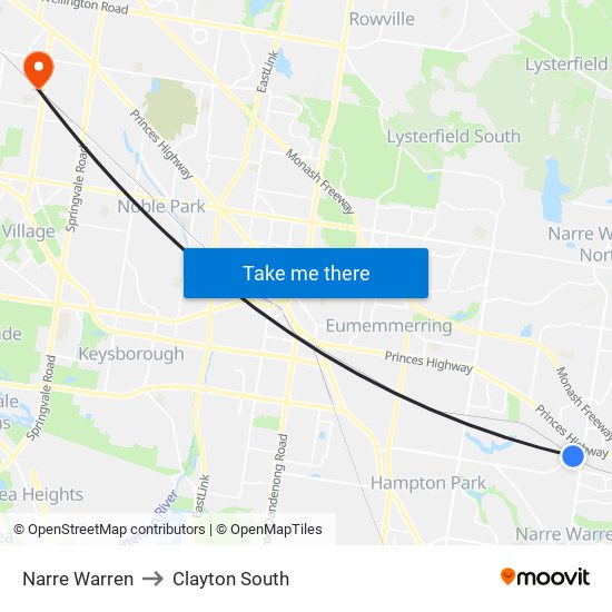 Narre Warren to Clayton South map