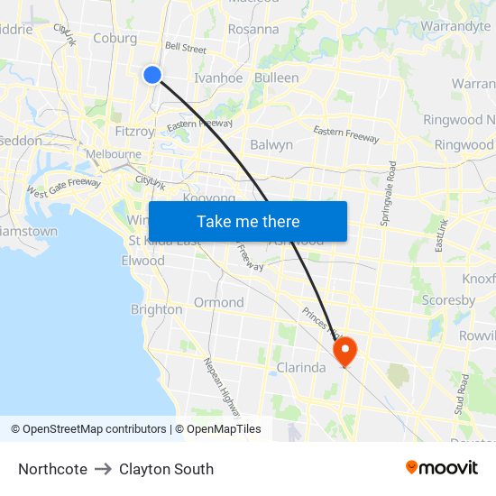 Northcote to Clayton South map