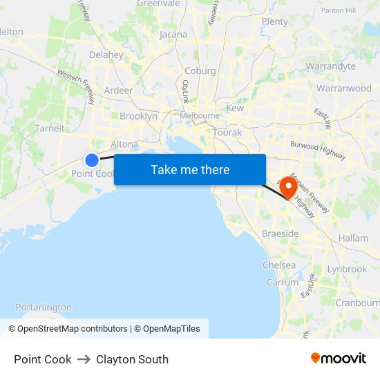 Point Cook to Clayton South map