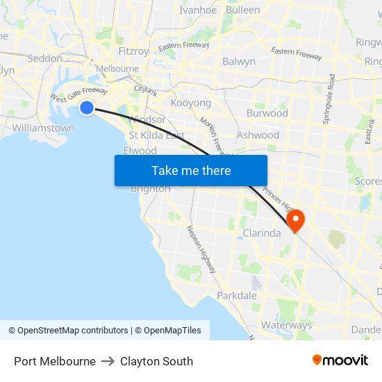 Port Melbourne to Clayton South map