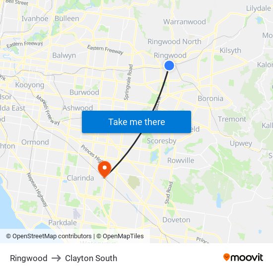 Ringwood to Clayton South map