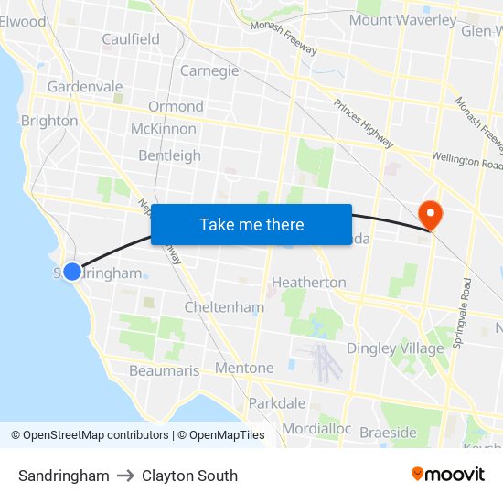 Sandringham to Clayton South map