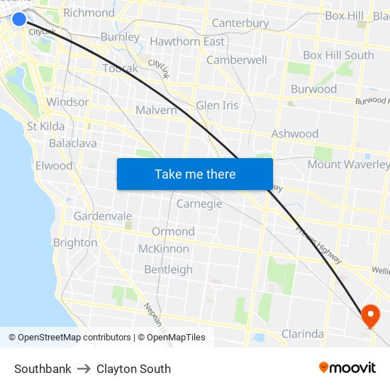 Southbank to Clayton South map