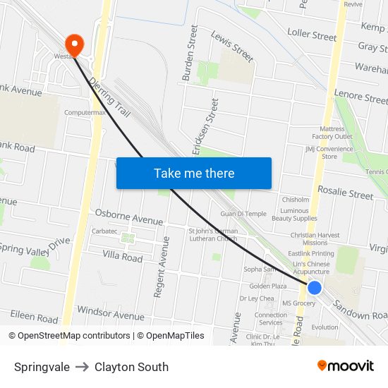 Springvale to Clayton South map