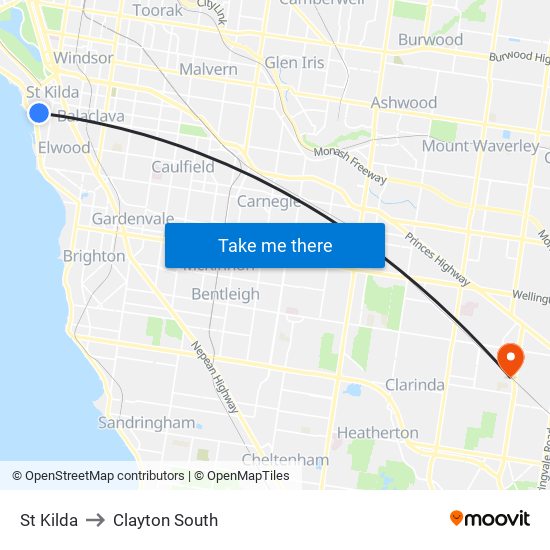 St Kilda to Clayton South map