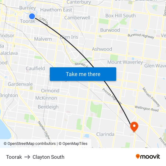 Toorak to Clayton South map