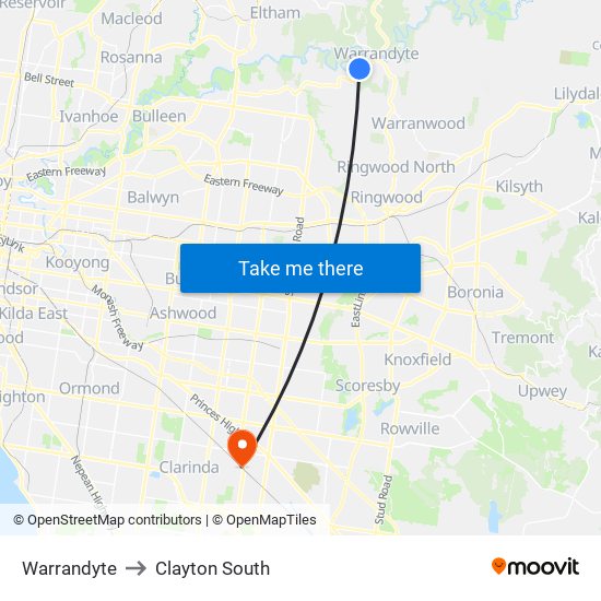 Warrandyte to Clayton South map