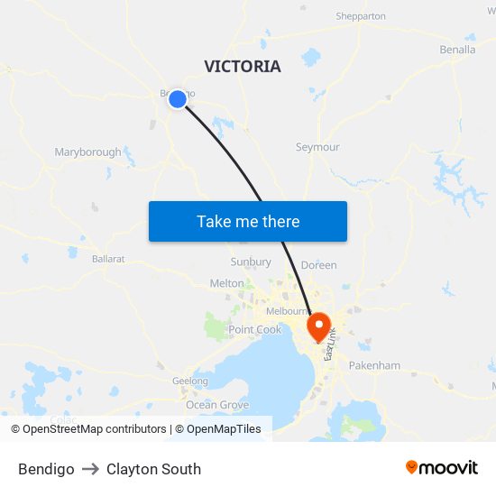 Bendigo to Clayton South map