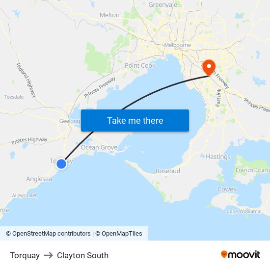 Torquay to Clayton South map