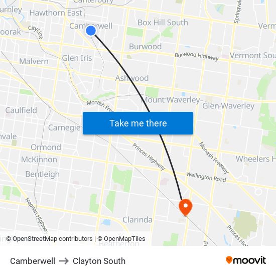 Camberwell to Clayton South map