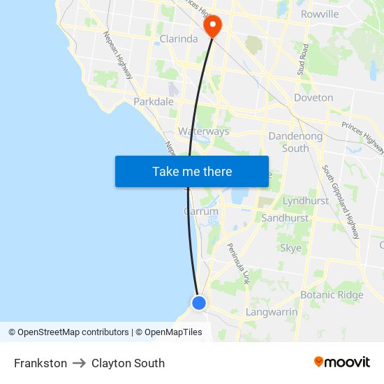 Frankston to Clayton South map