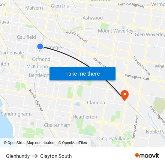 Glenhuntly to Clayton South map