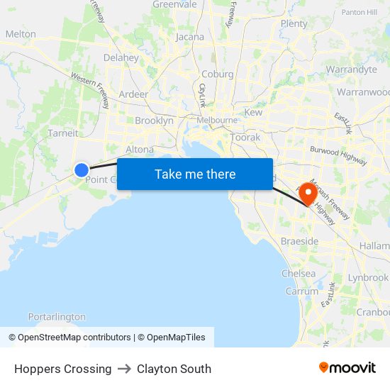 Hoppers Crossing to Clayton South map