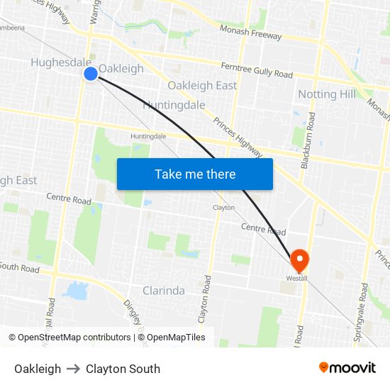 Oakleigh to Clayton South map