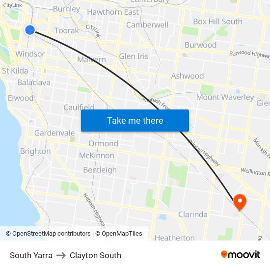 South Yarra to Clayton South map