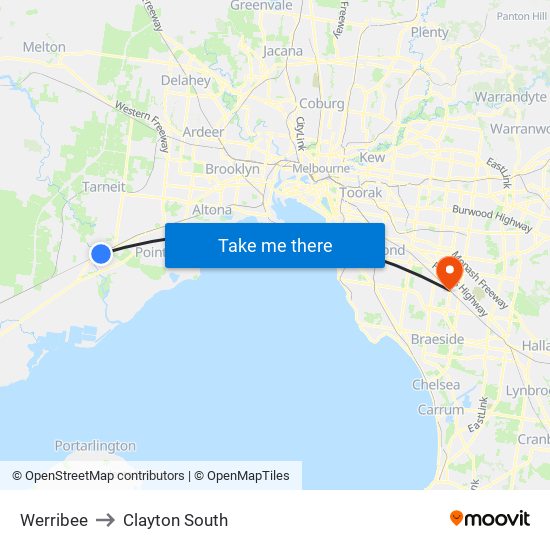 Werribee to Clayton South map