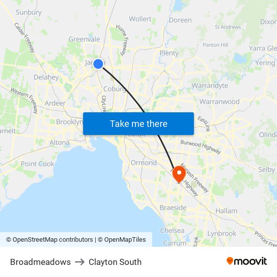 Broadmeadows to Clayton South map