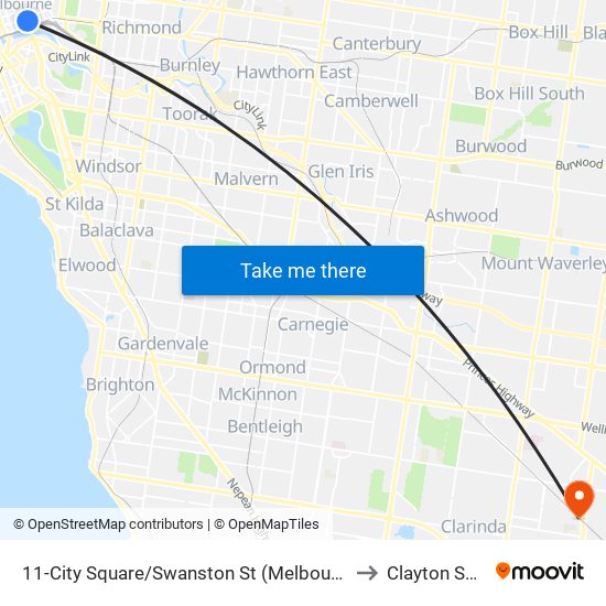 11-City Square/Swanston St (Melbourne City) to Clayton South map