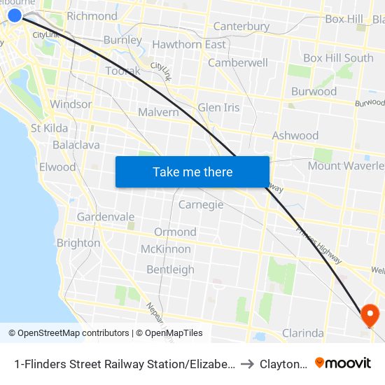 1-Flinders Street Railway Station/Elizabeth St (Melbourne City) to Clayton South map