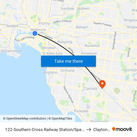 122-Southern Cross Railway Station/Spencer St (Melbourne City) to Clayton South map
