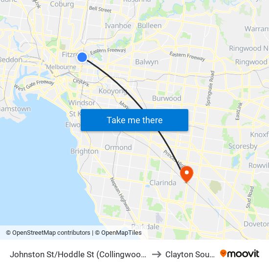 Johnston St/Hoddle St (Collingwood) to Clayton South map