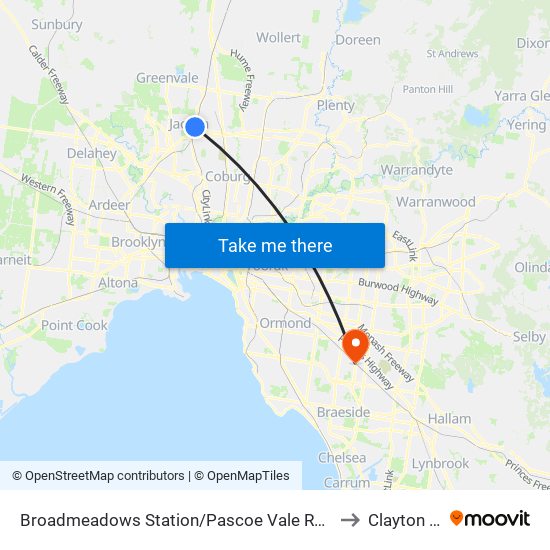 Broadmeadows Station/Pascoe Vale Rd (Broadmeadows) to Clayton South map