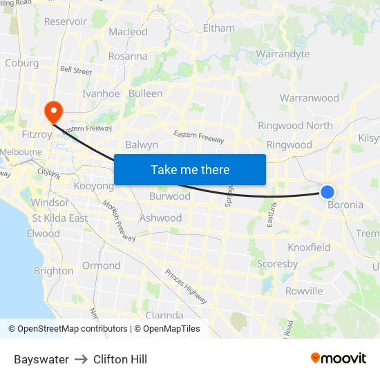 Bayswater to Clifton Hill map