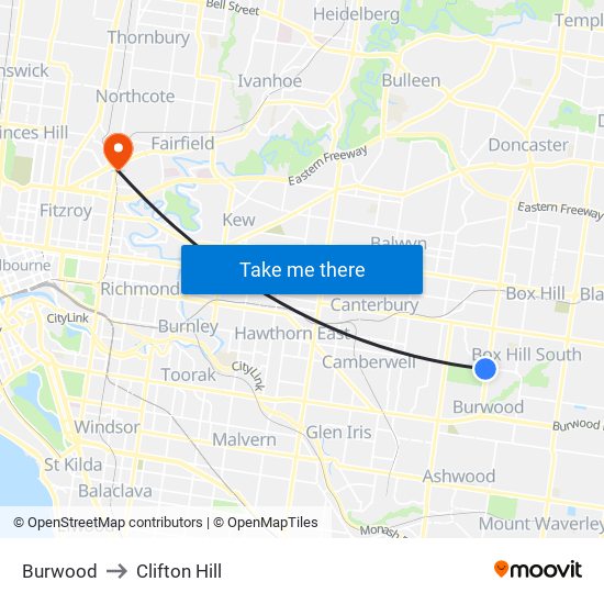 Burwood to Clifton Hill map